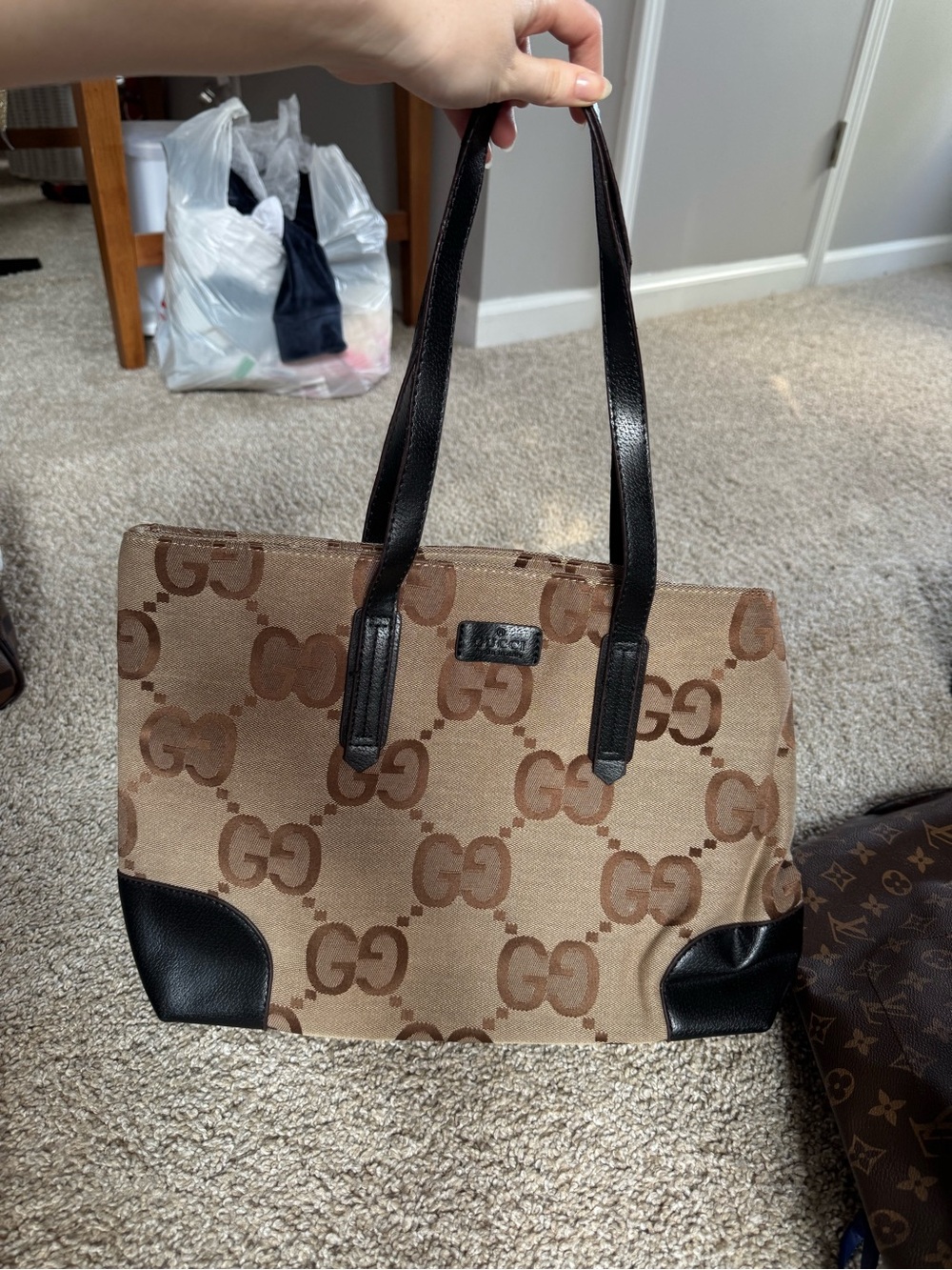 Gucci Beige/Brown Monogram Canvas Tote with Black Leather Trim